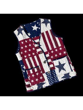 Patriotic Quilted Vest Med American Flag Patchwork Sleeveless Button Down Cotton